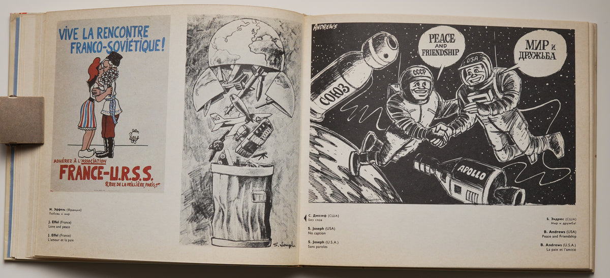 Satire in the Struggle for Peace (1979): spread of satirical posters, including a France–USSR design