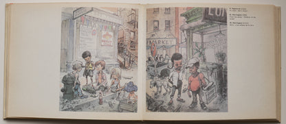 Satire in the Struggle for Peace (1979): spread of colour satirical street scenes