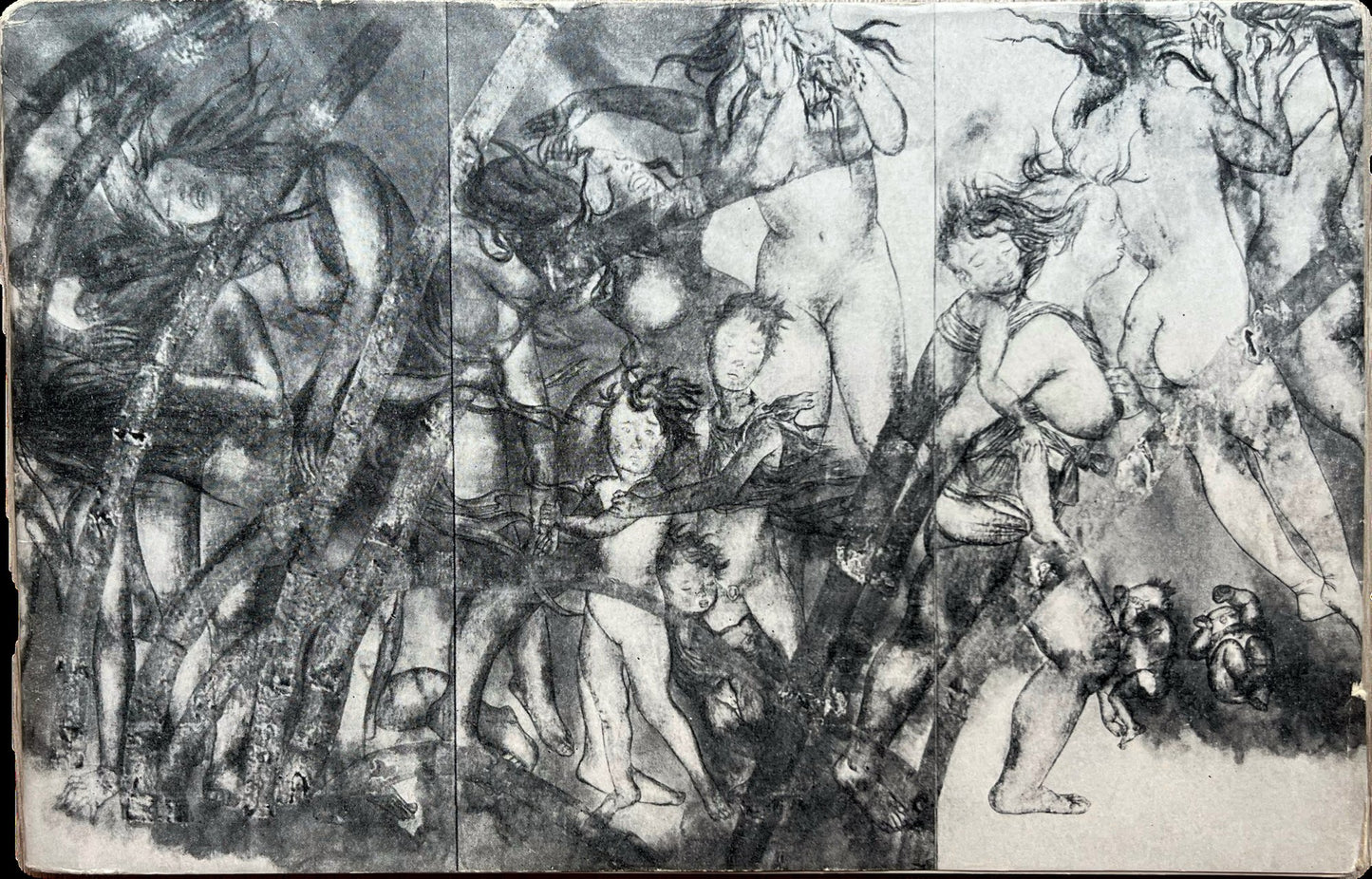 The Hiroshima Panels reproduced across a double spread in the 1959 Moscow catalogue